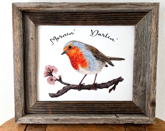 Robin fine art print, mornin' darlin' quote, wall art home decor, watercolor bird print, nature lover gift, robin bird wall decor art print