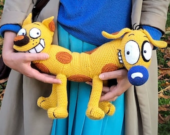 PDF of crochet DogO'Cat detailed illustrated pattern tutorial soft toy handmade 90th kids CatDog Nickelodeon show cartoon, Birthday