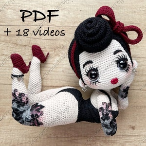 PDF PIN-UP girl crochet pattern, pin-up handmade doll tutorial, crochet pin-up doll instruction, amigurumi toy, photo and video tutorial