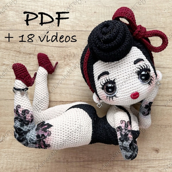 PDF Modello per ragazza PIN-UP all'uncinetto, tutorial per la bambola pin-up fatta a mano, istruzioni per la bambola pin-up all'uncinetto, giocattolo amigurumi, tutorial con foto e video