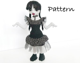 Pdf WEDNESDAY doll crochet pattern, amigurumi digital crochet tutorial, handmade doll, Addams family, DIY crochet gift, Birthday present