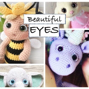 May include: A collage of four crocheted stuffed animals with large, expressive eyes. The animals include a bee, a bunny, a unicorn, and an elephant. The text "Beautiful EYES" is superimposed on the image.