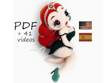 Pin-Up Redhead Amigurumi Crochet Pattern PDF with 41 Video Tutorials | Advanced Doll Tutorial in English Spanish | Sexy Doll DIY Birthday