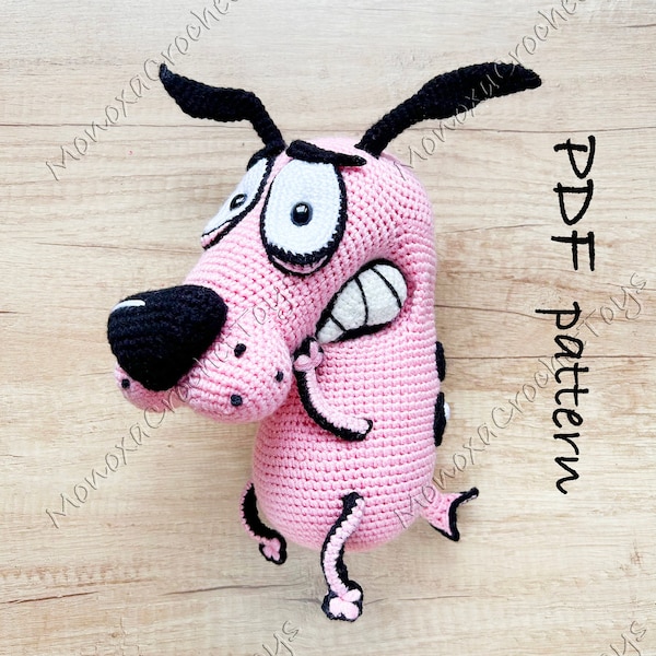 PDF COURAGE crochet pattern cartoon dog, amigurumi toy, horror stuffed dog,  90th kids, photo and video tutorial, Easter