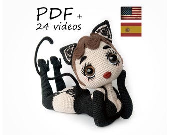 Cat Pin-Up Girl Amigurumi Crochet Pattern PDF with 23 Video Tutorials | Advanced Doll Tutorial in English Spanish | Sexy Doll DIY Birthday