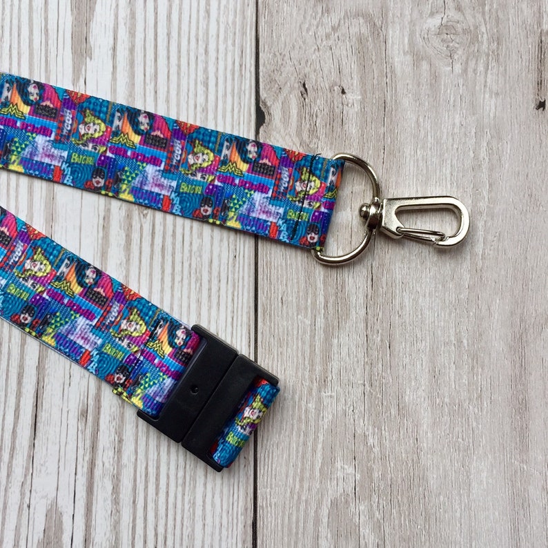 Girl Power lanyard made from DC Comics grosgrain ribbon with swivel clip and break clasp