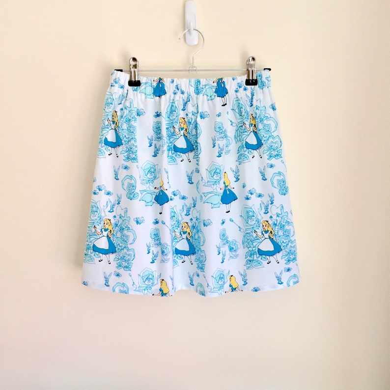 Girls skirt made from Alice in Wonderland fabric gathered elasticated waist
