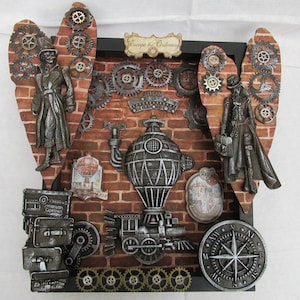 Steampunk art, mixed media wall plaque, Steampunk travel.