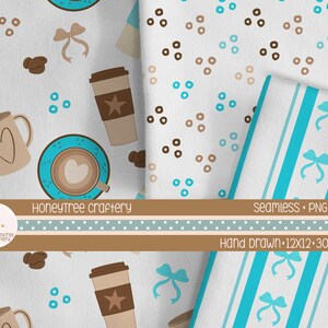 May include: A digital pattern set featuring coffee cups, mugs with heart outlines, coffee beans, and light blue bows on a white background. One section displays a striped pattern with light blue bows. Text includes HONEYTREE CRAFTERY.