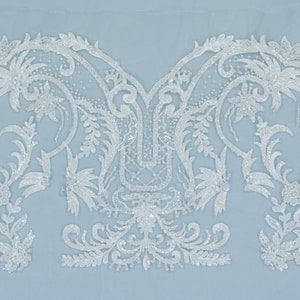 Beaded lace appliqué, Off-white lace, Beaded bridal patch, Wedding dress lace appliqué, Floral lace, Embroidered lace, French lace A00094