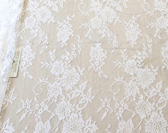 White Chantilly Lace fabric - French Bridal Lace for Wedding Dress & Lingerie, B00327