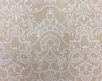 Off-White lace fabric, Macrame lace fabric, Bridal Gown lace, Wedding lace fabric, Veil lace, French lace, Evening dress lace, White B00149