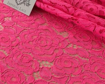 Bright Pink Lace Fabric, Floral Lace, French Lace, Wedding Lace, Bridal lace, Pink Lace, Lingerie Lace, Alencon Lace, By the yard K00342