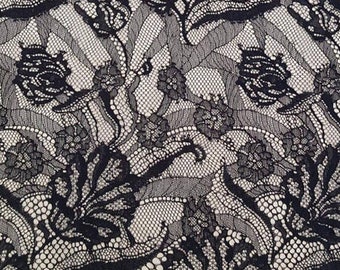 Black lace fabric, Floral Lace, French lace, Chantilly lace fabric, Scalloped lace fabric, Bridal, Wedding lace, Evening dress lace M000096