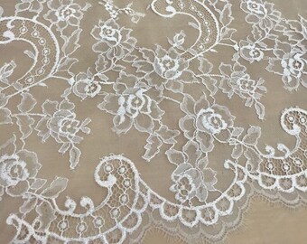 Light Ivory lace fabric, French lace, Floral Wedding lace, Chantilly lace, Scalloped lace fabric, Bridal lace, Fabric by the yard B00203