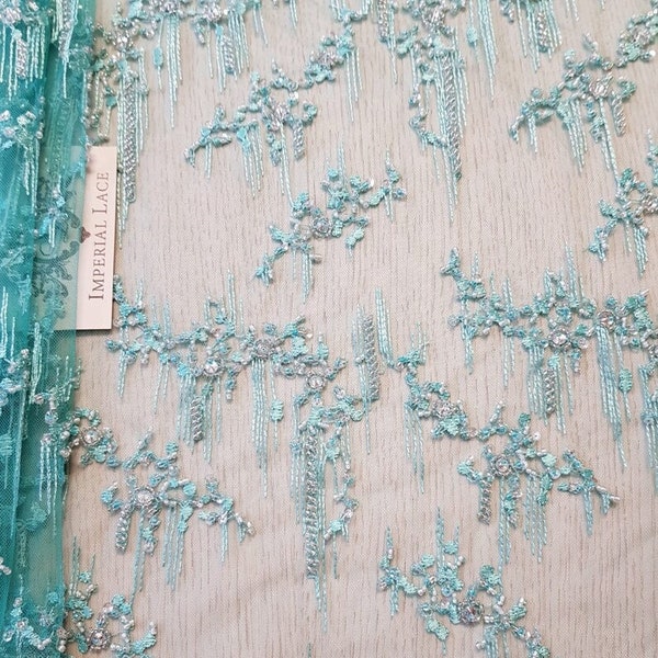 3D Green lace fabric, Beaded Lace, Spitzenstoff, French Lace, Wedding Lace, Green Lace, Lingerie Lace, Embroidered lace, By the yard K00807