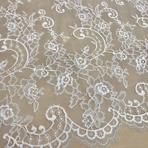 Light Ivory lace fabric, French lace, Floral Wedding lace, Chantilly lace, Scalloped lace fabric, Bridal lace, Fabric by the yard B00203