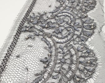 Dark Gray Lace Trim, French lace, Beaded lace, Chantilly Lace, French Lace, Bridal Gown lace, Handmade embroidery, Couture lace, MK00610