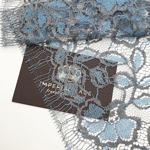 Grey with Blue French lace trim , Soft lace trim, Chantilly Lace, Floral lace, Blue lace, Embroidered lace, Couture lace MK00634