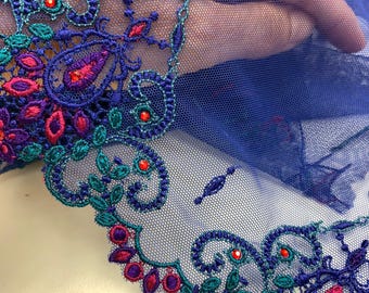 Blue lingerie lace trim, Chantilly Lace, Bridal lace, embroidered lace trim, Wedding Lace, Blue Lace, Stretch lace by the yard MK00088