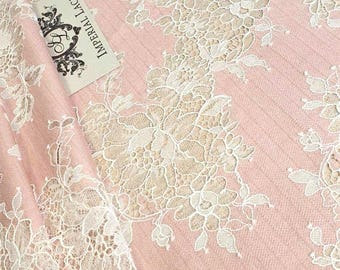 Pink Floral lace fabric, French Chantilly lace fabric, Bridal wedding veil lace material, sold per meter K00879