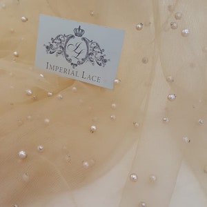 Beige tulle fabric with pearls, Lingerie beige net, Tulle fabric with pearls, Tulle fabric, Beige net fabric, Lingerie net fabric, T00176