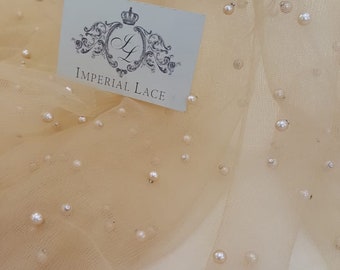 Tela de tul beige con perlas, red para lencería