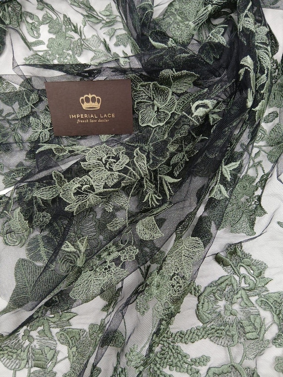 Green Floral Embroidery on Black Tulle Fabric, Evening Dress Fabric, Bridal Lace Fabric, Lingerie Lace M00200