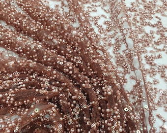 3D Brown Pearl Beaded tulle fabric, Sequin fabric, Wedding lace, Bridal fabric, Lace fabric, Embroidery fabric, Gown fabric K01246
