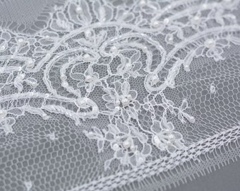 50cm long Ivory Lace Trim, Beaded lace trim, Chantilly Lace, Wedding Lace, French lace, Handmade pearl beads, Lingerie Lace MB00387