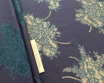 Blue lace fabric with turquoise chantilly lace, French Lace, lace, Alencon lace, Lingerie lace, Lace by the yard K00742