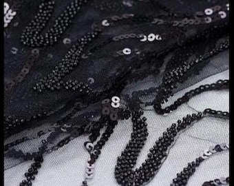 Black Beaded Lace Fabric, 3D lace fabric, Black Wedding Lace, Gown Lace fabric, Couture lace, Sequin lace fabric M00209