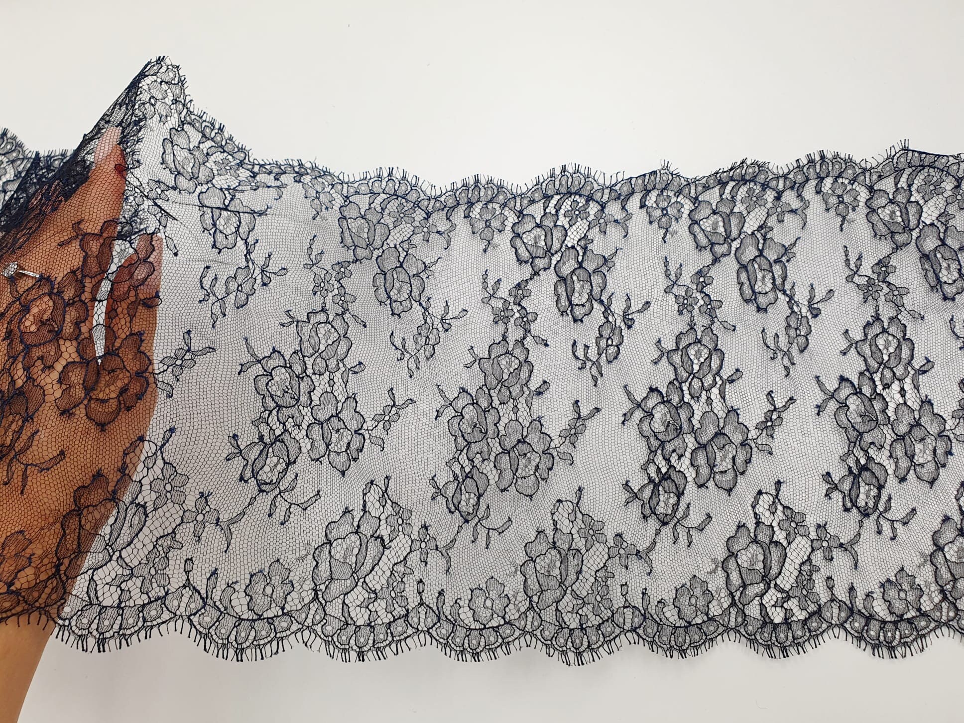 Buy Black Floral Solstiss Chantilly Lace Trim: Navy Blue French