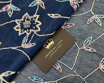 0,35m piece of the Floral silk chiffon fabric, Silk fabric, 100% silk, Chiffon fabric, Embroidered chiffon, Wedding dress fabric Z00312