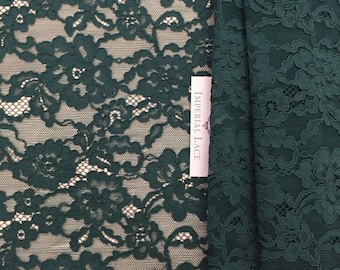 May include: A close-up of teal green floral lace fabric with a white label that reads "Imperial Lace".