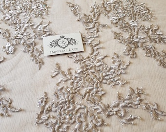 3D Beige lace fabric, Embroidered Lace, Handmade pearl beads, Mesh tulle fabric, French Lace, Wedding Lace, Lace by the yard K00614