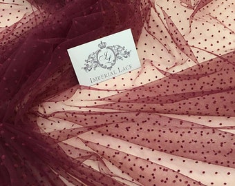 Wine Red Tulle fabric with dots, Lingerie red net, Mesh tulle fabric, Elastic tulle, Soft tulle, Polka dot tulle, Skirt tulle T00131