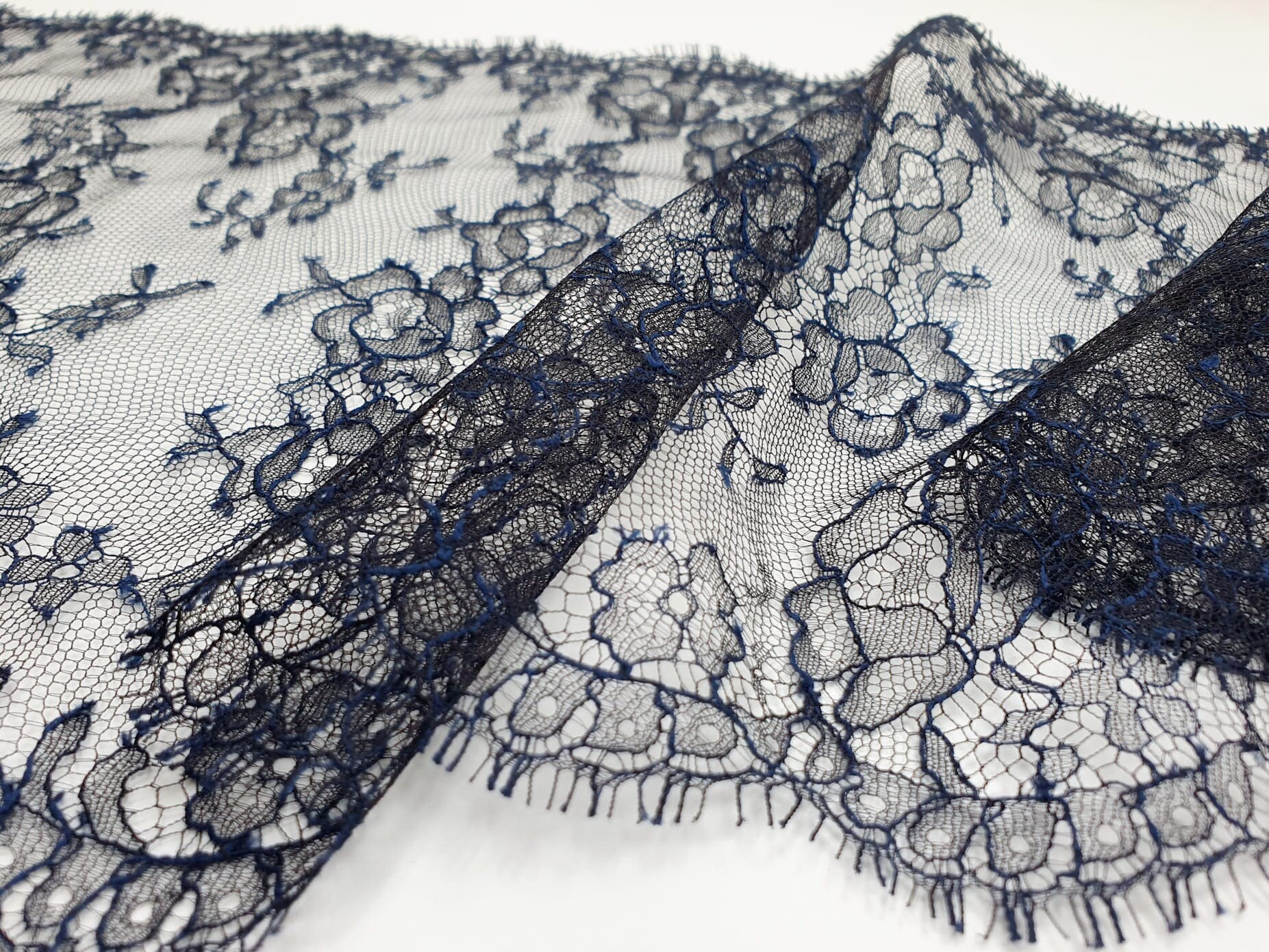 Black Floral Solstiss Chantilly Lace Trim: Navy Blue French Lace