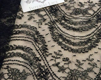 Black Lace Fabric, French lace, Embroidered Lace, Wedding Lace, Bridal Lace, Black Lace, Veil lace, Lingerie Lace, Chantilly Lace M000085