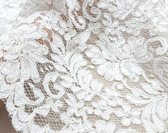 Tela de encaje floral 3D blanca, encaje para vestido de novia con cuentas, tela para vestido de novia, encaje de alta costura B00547