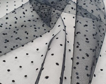 Black tulle fabric with velvet polka dots, Flocking polka dots tulle, Soft tulle fabric, Lingerie net, Mesh tulle fabric, Net T00373