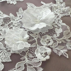 10 pc Aplique de encaje blanco, Motivo de encaje con seda y cristales, Aplique de encaje nupcial 3D, Aplique de vestido de novia A00039