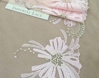 Light pink embroidery lace trim, Chantilly lace, French lace, Bridal gown lace, Wedding lace, Lingerie lace, Lace by the yard MK00323