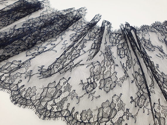Black Floral Solstiss Chantilly Lace Trim: Navy Blue French Lace