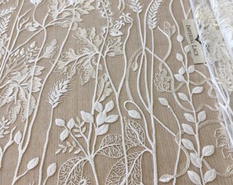 Ivory Embroidery Lace Fabric,Embroidery On Tulle Fabric,Ivory Lace Fabric,Wedding Lace,Veil lace, Chantilly Lace,Ivory 3D Lace Fabric B00337