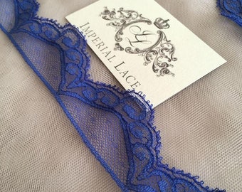 Blue lace fabric, Chantilly lace trim, Solstiss lace, Viscose lace trim, Lingerie Lace, Scalloped lace, Blue lace, By the yardMK00253