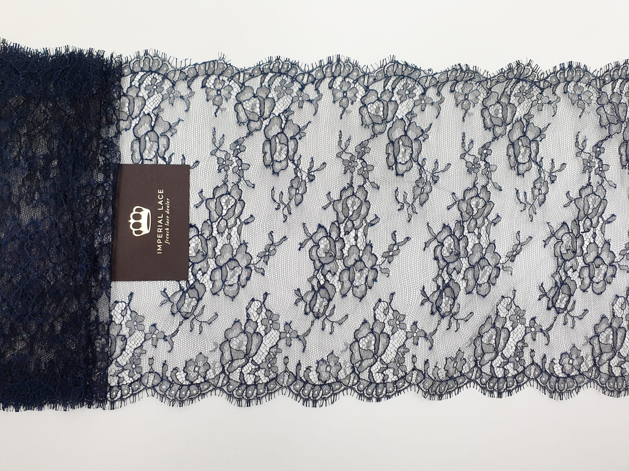 Black Floral Solstiss Chantilly Lace Trim: Navy Blue French Lace