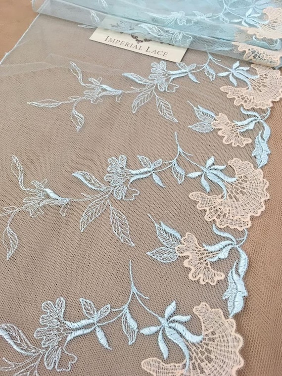 Blue lace trim with flowers, soft tulle embroidery, scalloped lace trim, lingerie lace trim MK00326