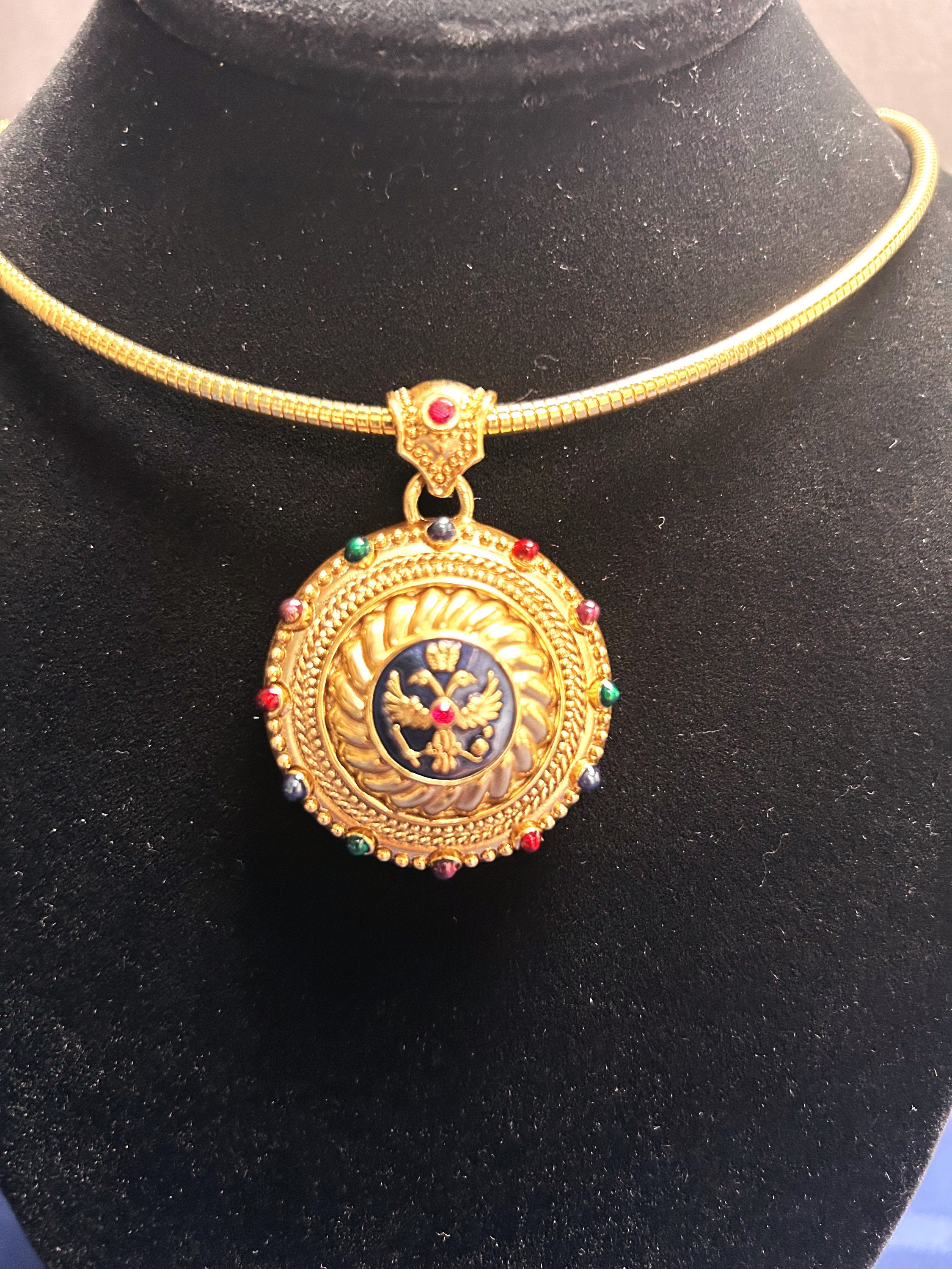 Vintage and Rare Signed Enamel and Gold Tone Faux Romanoff Imperial Eagle Necklace Joan Rivers