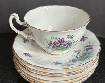 Adderley Bone China Teacup and Saucer Set: Violets Motif, Made in